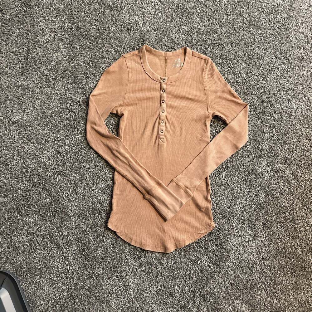 Aerie Ribbed Waffle Knit Henley Long Sleeve Top in Tan